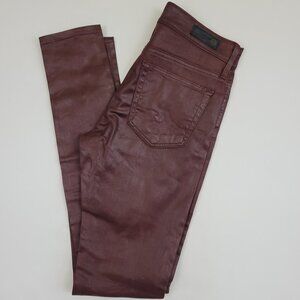 AG Farrah High Rise Ankle Skinny Coated Leatherette Jean in Maroon